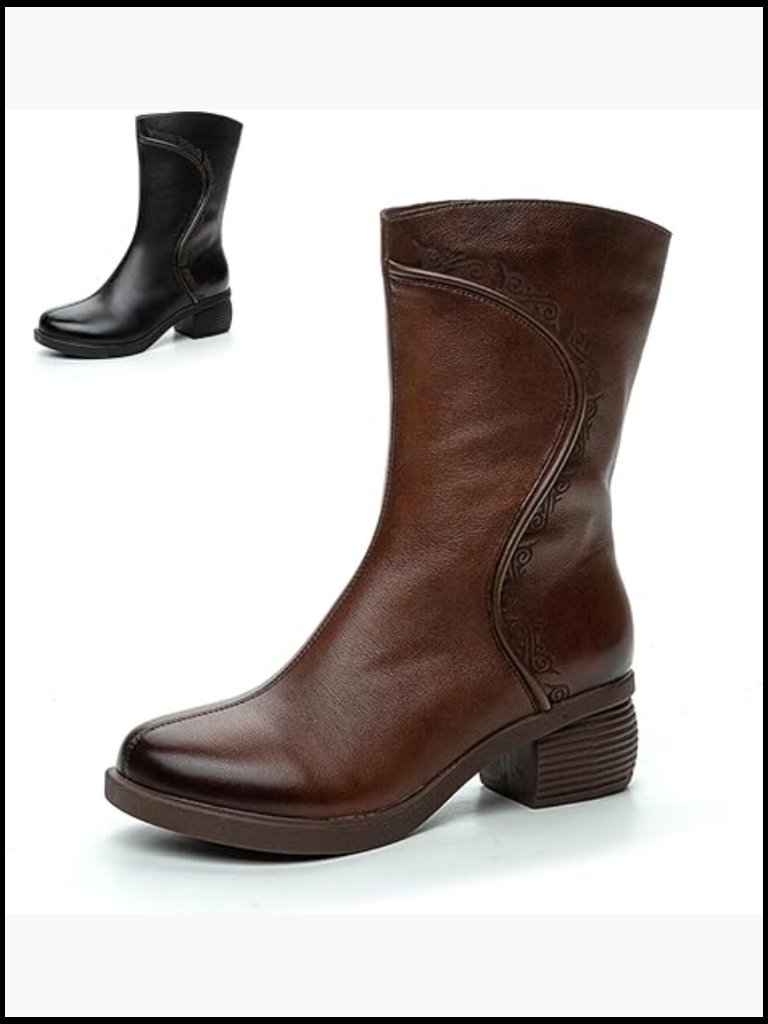 Genuine Leather Chunky Block Heel Mid Calf Boots Retro Pattern Side Zipper